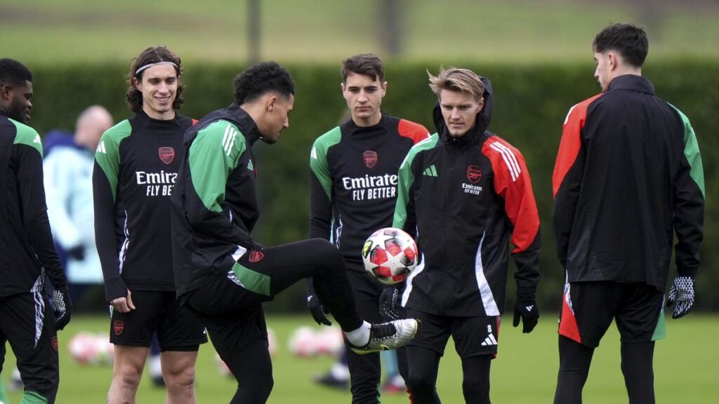 Arsenal’s Martin Odegaard with teammates during a training session.