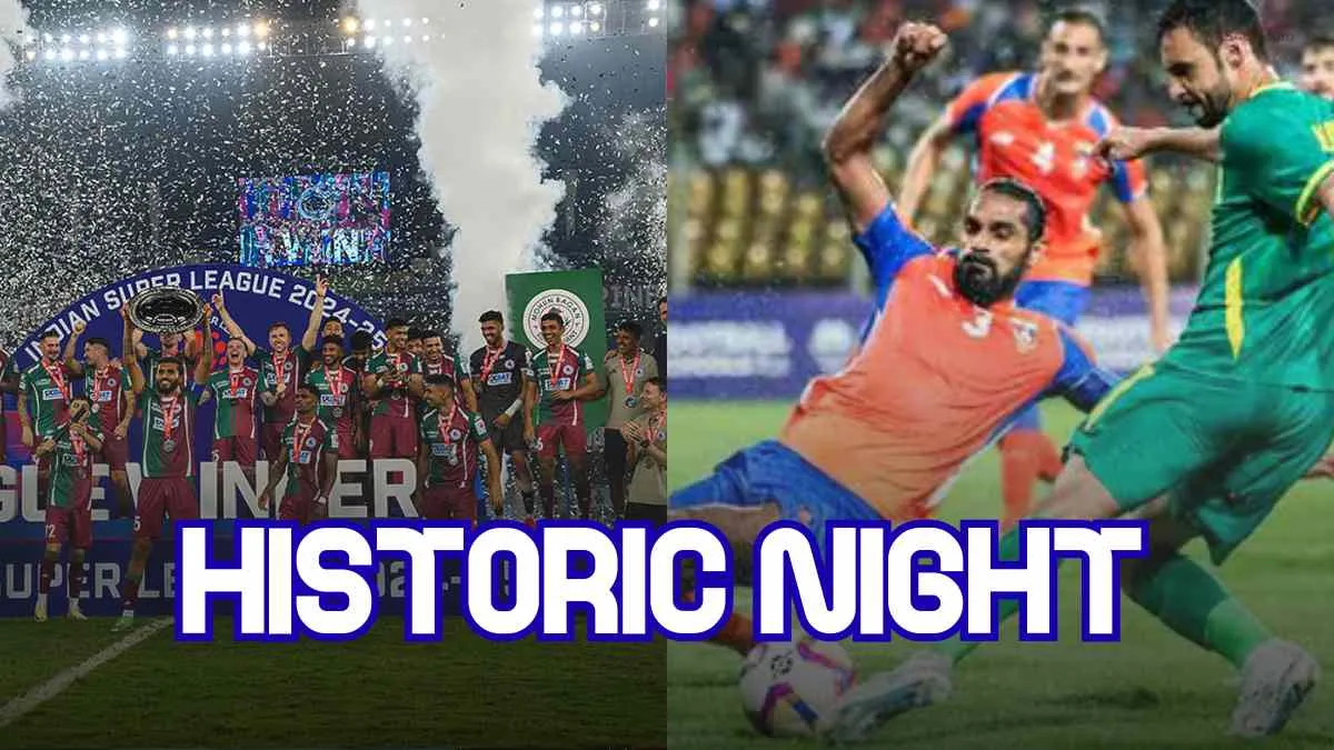 Mohun Bagan’s ISL trophy lift on left, FC Goa celebrating playoff win