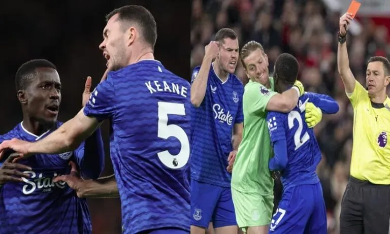 സഹതാരത്തിന്റെ മുഖത്തടിച്ചു, ചുവപ്പ് കാർഡ്, 17 വർഷത്തിനിടെ ആദ്യം; 10പേരായി ചുരുങ്ങിയിട്ടും യുനൈറ്റഡിനെ തട്ടകത്തിൽ കയറി അടിച്ച് എവർട്ടൺ