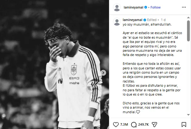 'ഞാൻ ഒരു മുസ്ലിമാണ്, അൽഹംദുലില്ലാഹ്. എതിർ ടീമിനെ ഉദ്ദേശിച്ചാണെങ്കിലും മതത്തെ പരിഹസിക്കുന്നത് തികഞ്ഞ വംശീയത'; ലമീൻ യമാൽ